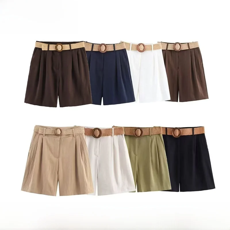 

New Spring Summer Women's Bermuda Shorts Fashionable Versatile Belted High Waist Straight Leg Casual Pants Polyester Fiber