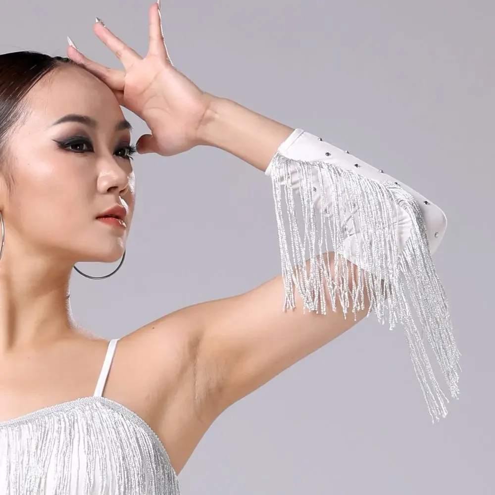 Latin Dance Performance Gloves Rhinestone Fringed Sleeves Solid Color Flash Tassel Stage Dance Costumes For Women Dancers