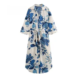 Women Fashion Spring Summer New With Belt Printing Vintage Midi Big Shirt Dress France Chic Female Evening Mujer