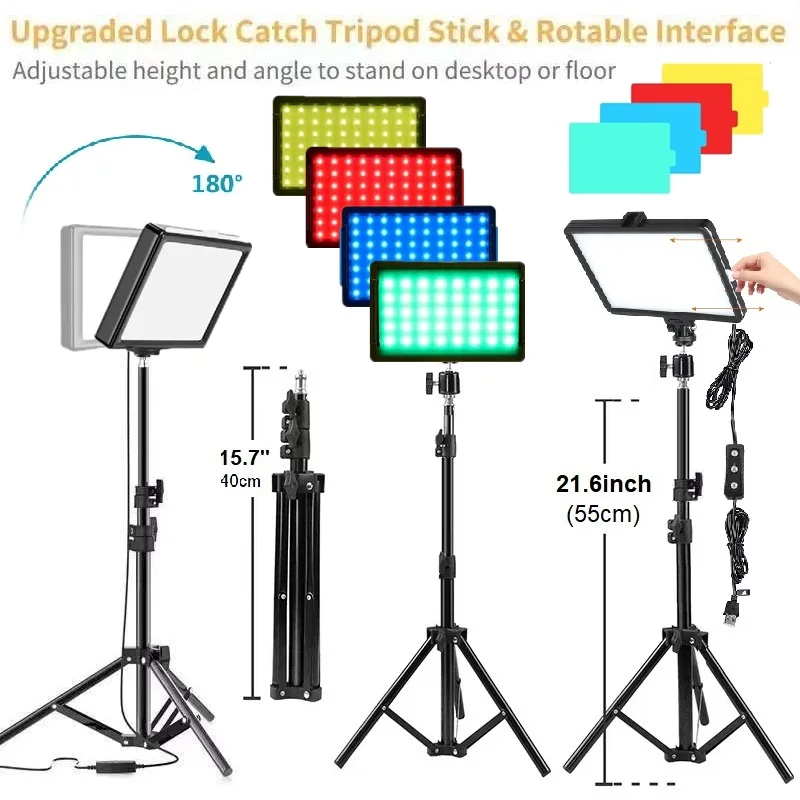 Adjustable Tripod Stand wtih LED Video Light Dimmable Photography Continuous Lighting and RGB Filters for Photo Studio Shooting