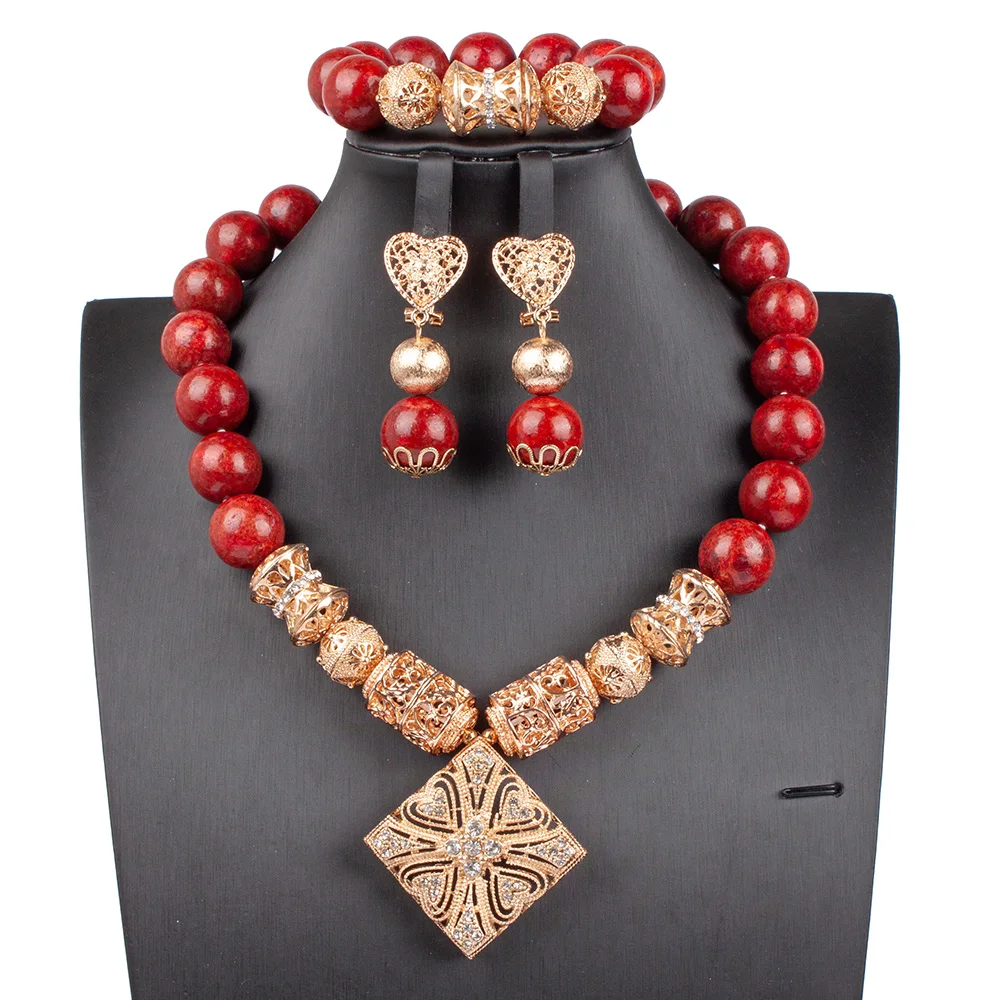 New Red Stones Bead Women Pendant Necklace Dubai Gold Wedding Jewelry Set African Bride Party Gift New Free Shipping ABG217