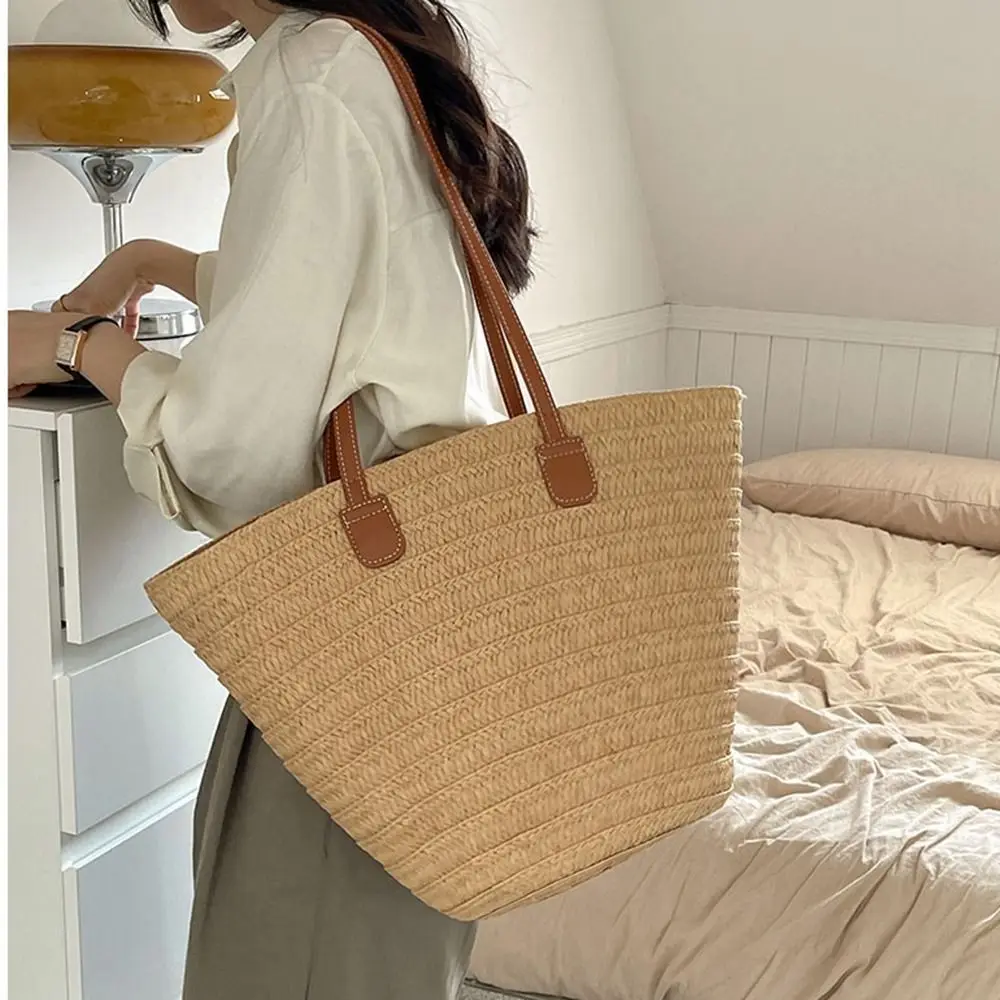

Модная летняя сумка из соломенной ткани, пляжная корзина для отдыха, сумка на плечо, повседневная женская большая сумка для отдыха и путешествий