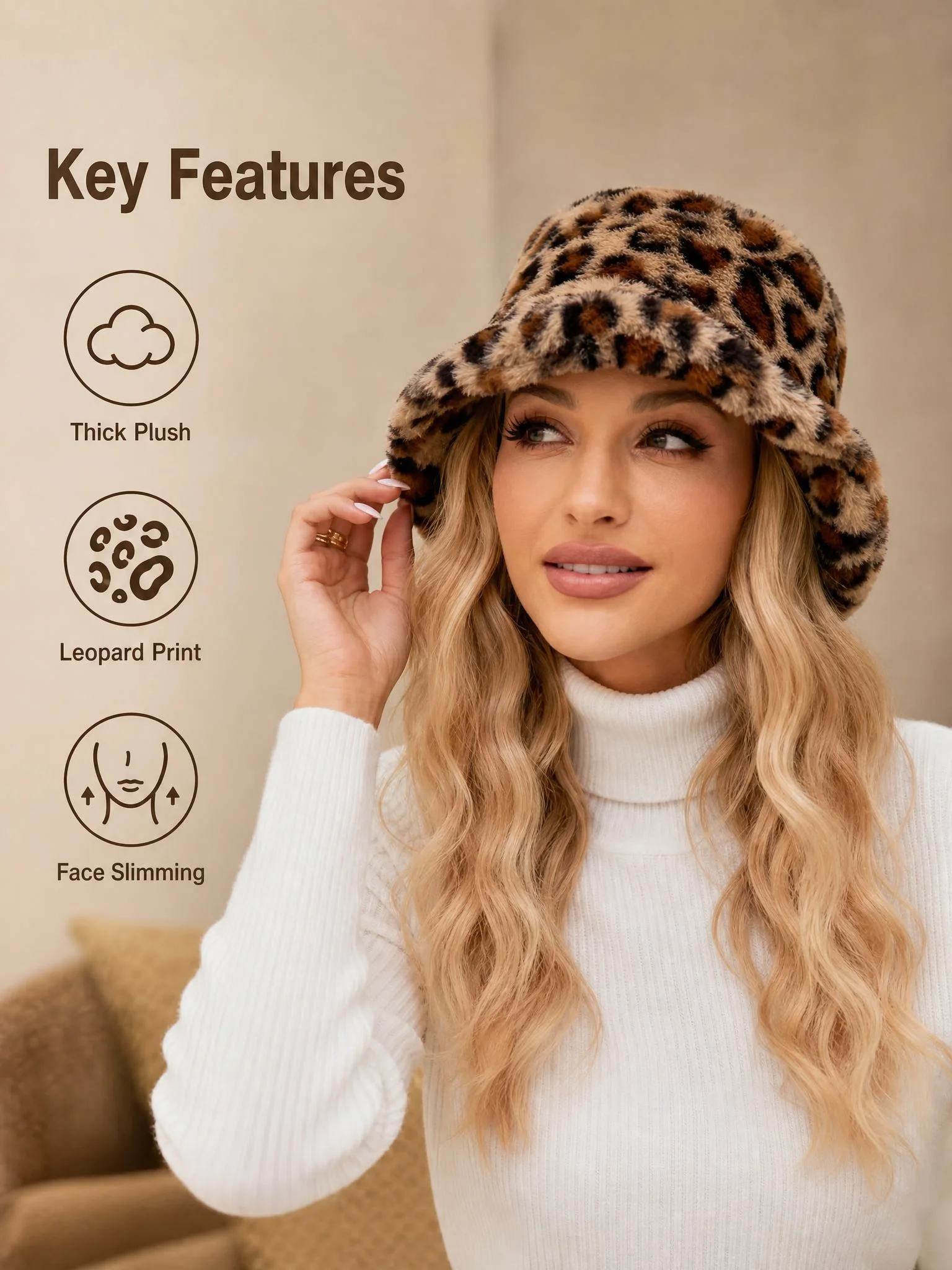 Vintage Leopard Print Fuzzy Plush Bucket Hat, Fall Winter Warm Fisherman Cap for Women