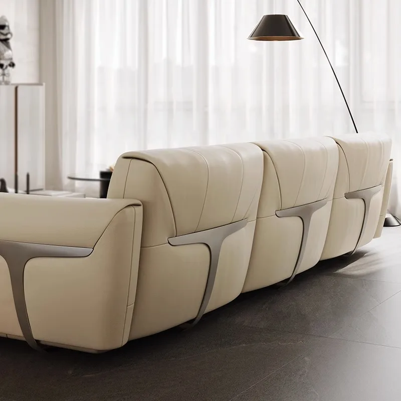 Italian sofa first layer cowhide large flat floor apartment light luxury villa living room straight row three-person corner
