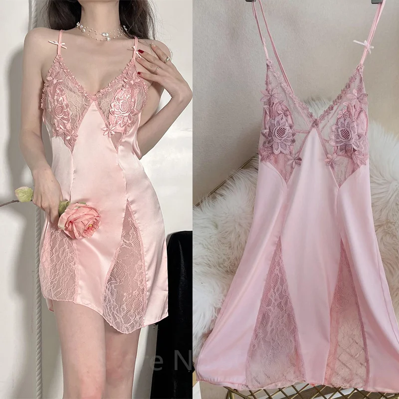 Sexy Hollow Out Lace Strap Nightgown Women Sleepwear Embroidery Flower Robe Silky Satin Nightdress Home Wear Intimate Lingerie