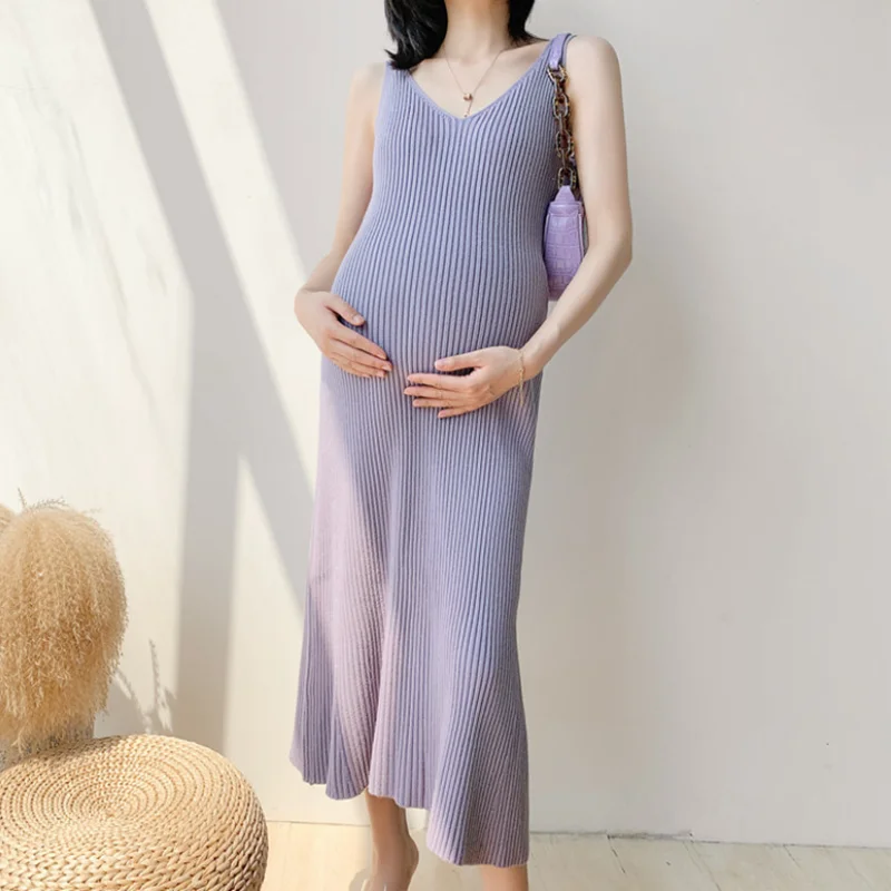 2026 Spring Autumn New Maternity Dress Long Knit Tank Dress Casual Versatile Slim Fit Pregnant Women Slip Dress Elegant Solid
