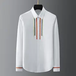 100% Cotton Men's Shirts Retro Embroidery Casual Business Dress Shirtslong sleeve Social Banquet Party Blouse Camisa Masculina