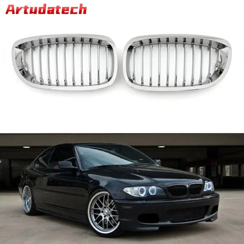 Artudatech Front Fence Grill Grille ABS Chrome Mesh For BMW E46 3Series 2D 2003 2004 2005 3 Series