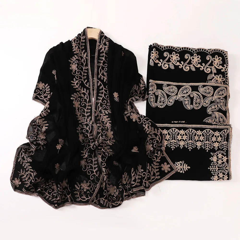 Black Embroidery Hijab Scarves Muslim Women Shawls Wrap Turban Stoles Bandanas Headband Bufanda Foulard Turbante Mujer 70*190cm