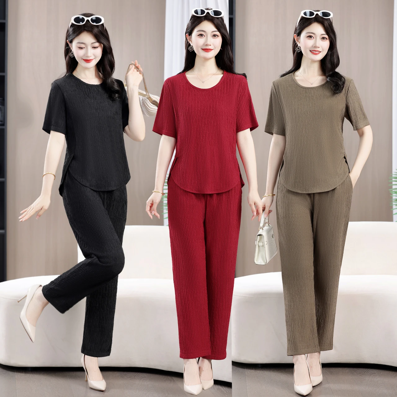 Damen Mode 2-Teiliges Set Einfarbige Hemden & Vintage Hochelastische Taillenhose Schicke Damen Hosen-Sets