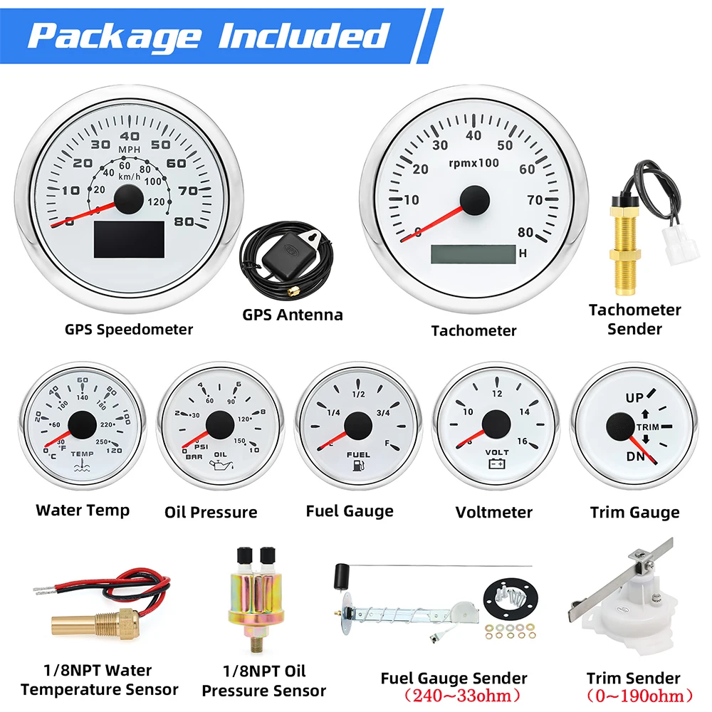 Customiz 7 Gauge Set + Brandstof Vlotter Afzender GPS Snelheidsmeter 80MPH 8K RPM Tacho Water Temp Olie Druk Brandstof voltmeter Gauge voor Boot Auto