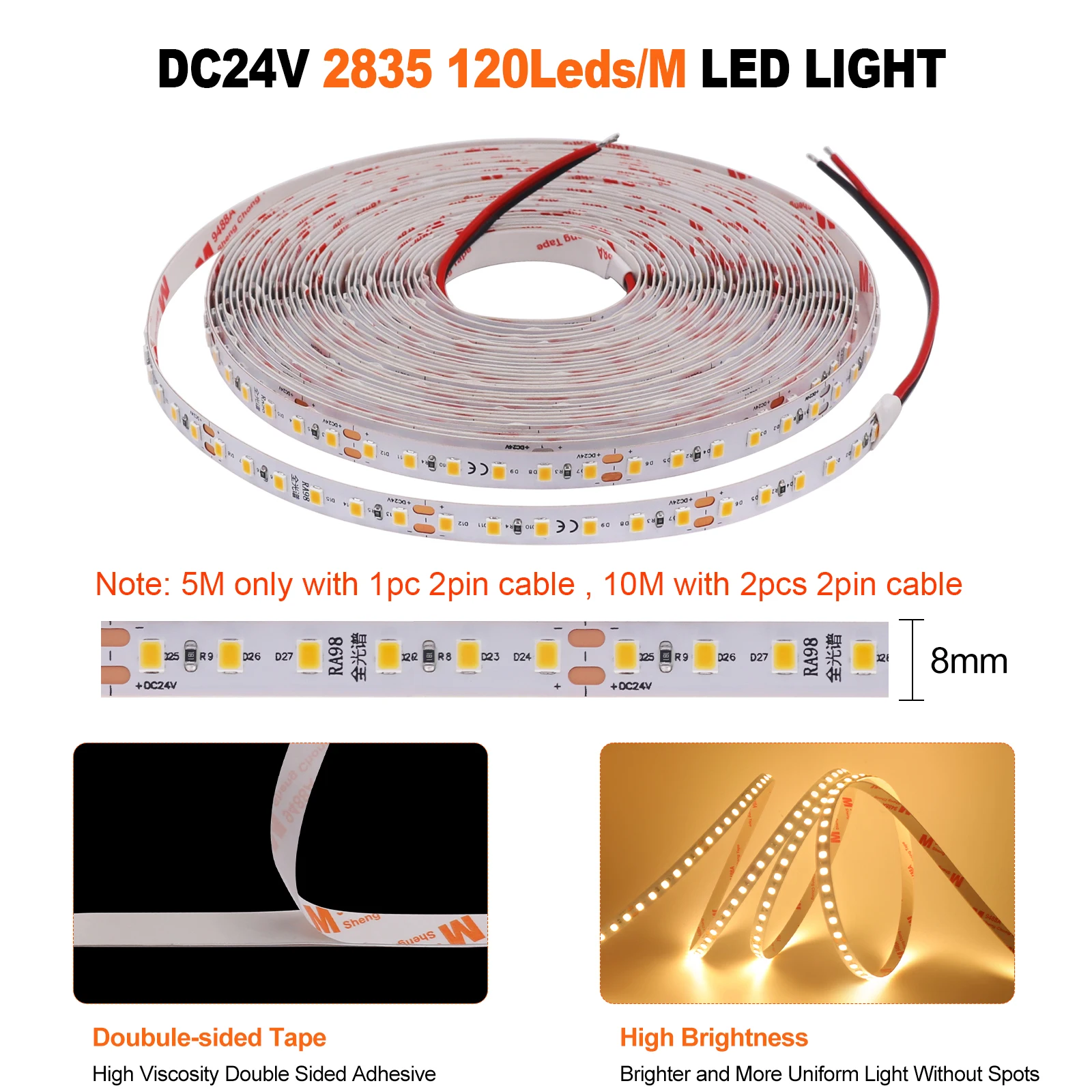 5M10M LED Strip Light 24V 2835 RA98 Flexible LED Tape 120LEDs LED Ribbon Diode 2700K 3000K 3500K 4000K 5000K 6000K