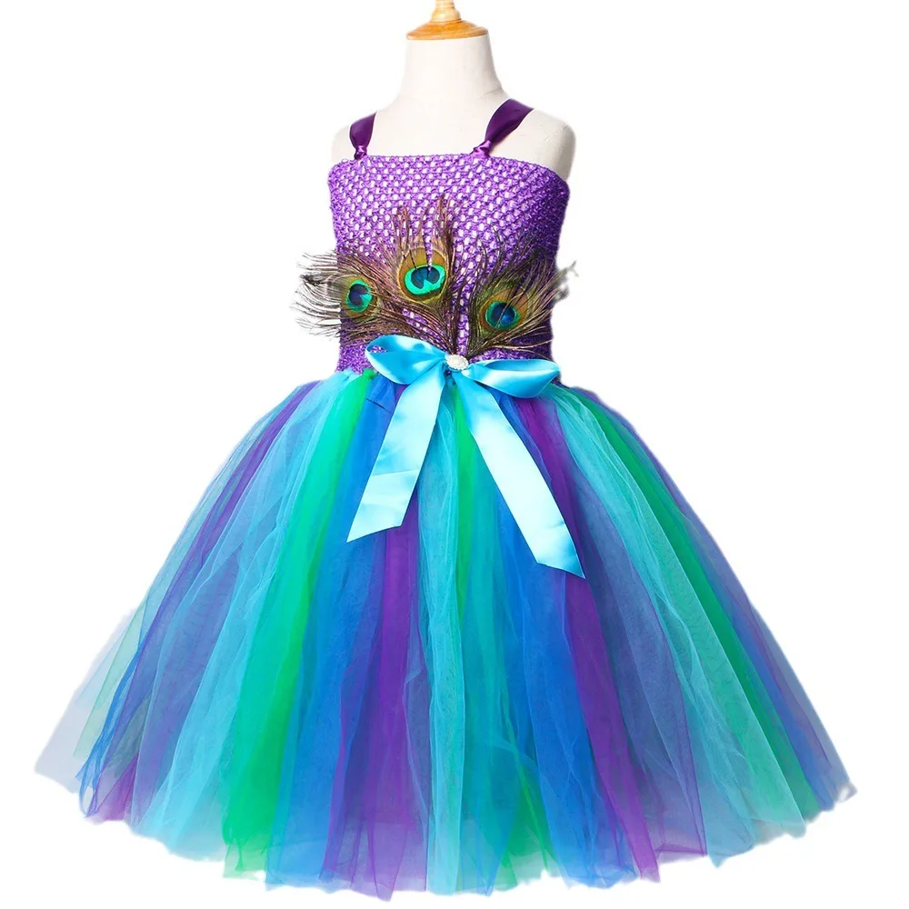 2024 New Peacock Princess Dress Children\'s Mesh Puff Dress Dress Girls Dance Performance Costumes and Hairbands