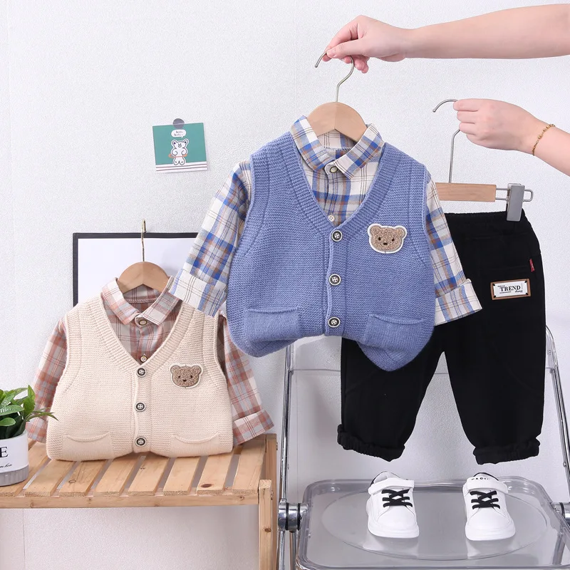 Spring Autumn Western Baby Infant Boys Clothes for Kids Boy Cartoon Knitted Cardigan Sweater Vest + Plaid Shirts + Pants Outfits