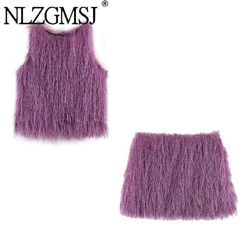 

NLZGMSJ 2026 Spring New Hollow Out Women Tassel Decoration Sets Sleeveless Crop Top Mini Skirt Two Piece Set Y2K