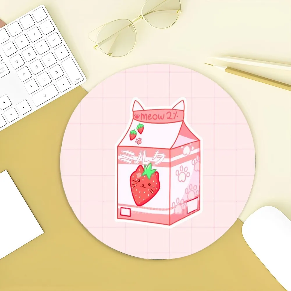 Kawaii Japanese Strawberry Milk Mousepad Round Custom Skin Desktop Desk Mat Kawaii Gaming Accessories Students Writing Pad Mouse