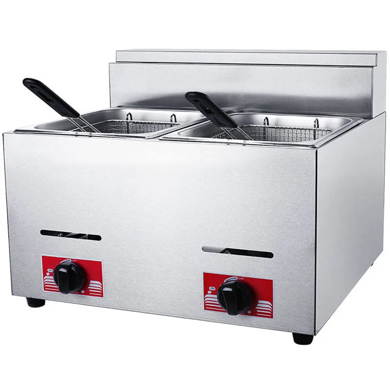 Commercial Double Tank Gas Deep Fryer, Large Capacity for Street Stall, Fried Chicken, Dough Sticks, French Fries & Skewers