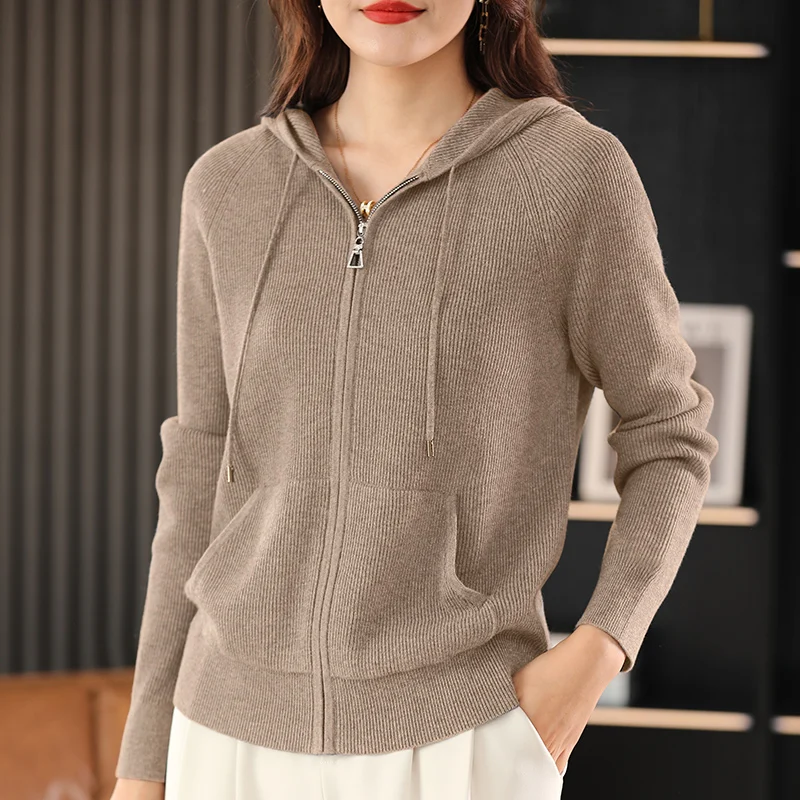 Feminino outono inverno lã mistura camisola com capuz gola engrossar malha zíper cardigan com base de bolso Casaco feminino superior