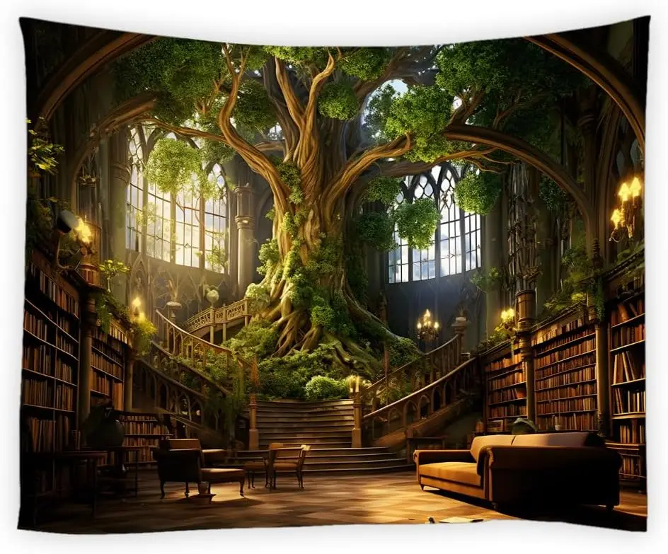 Library Tapestry Vinatge Bookshelf Magic Green Tree Forest Gothic Medieval Retro Castle Education Wall Hanging Art Decor Bedroom