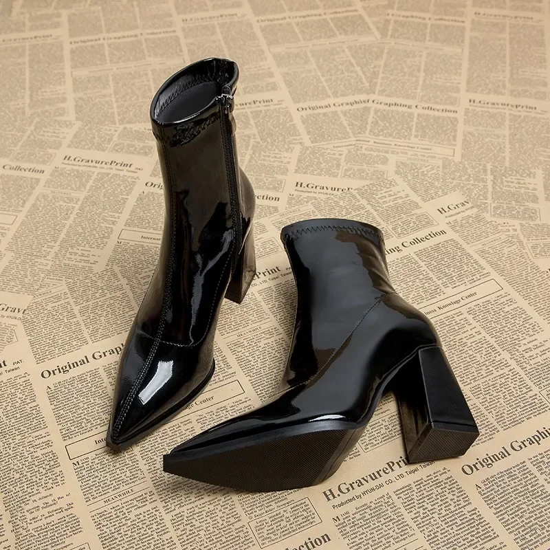 Autumn Womnen\'s High Heel Ankle Boots New Winter Plus Velvet Pointed Toe Chunky Heel Chelsea Boots for Women Heeled Shoes Dress