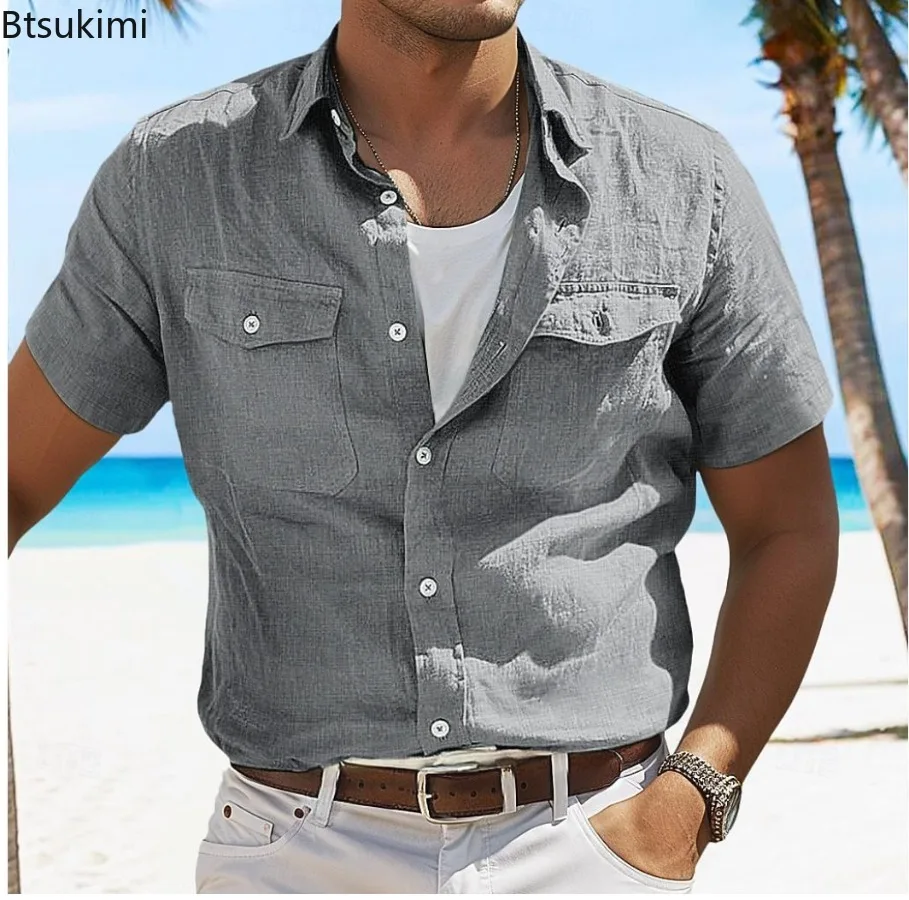 New 2025 Men's Summer Short Sleeve Cotton Line Shirt Casual Solid Color Loose T-shirt for Men Pocket Design Beach Male Top Tees