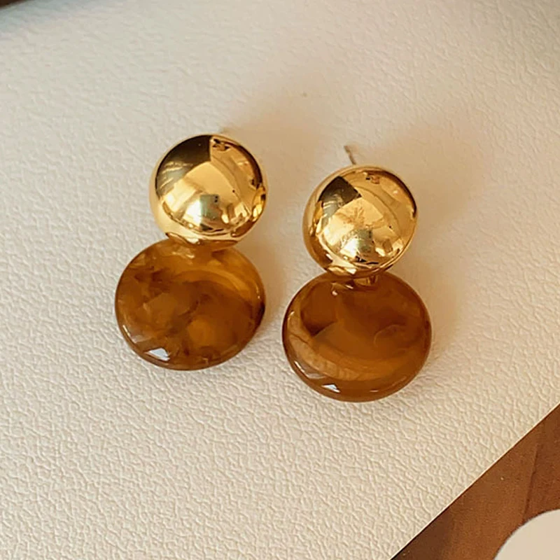 Contrast Color Patchwork Round Drop Earrings for Women Golden Metal Brown Acrylic Geometric Personality Dangle Earrings Jewelry