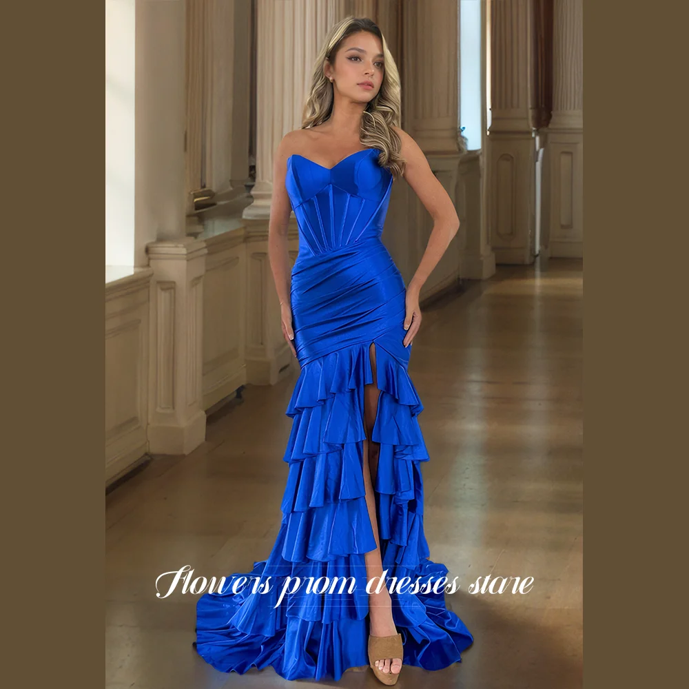 

Flowers Prom Mermaid Party Dress Satin Fish Boned Evening Dress Tiered Layers Formal Prom Dresses for Women فساتين مناسبة رسمية