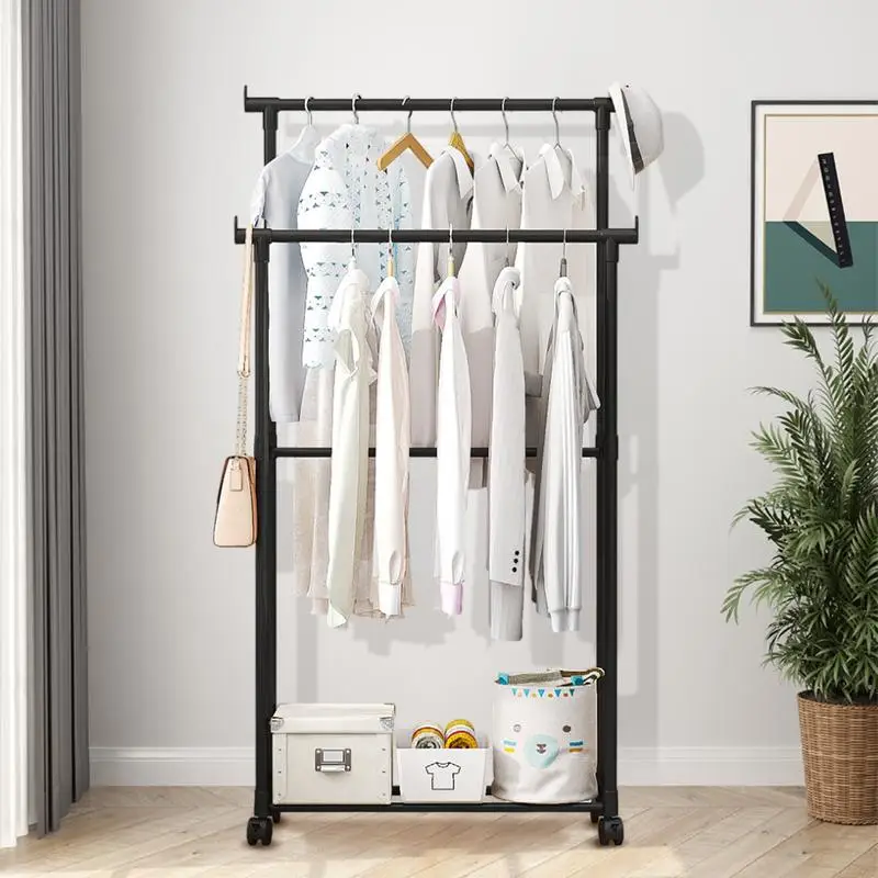 

Clothing Rack Rolling Garment Holder With Wheels Multi-Functional Coat Jacket T-shirt Organizer Shoe And Hat Storage Rack For
