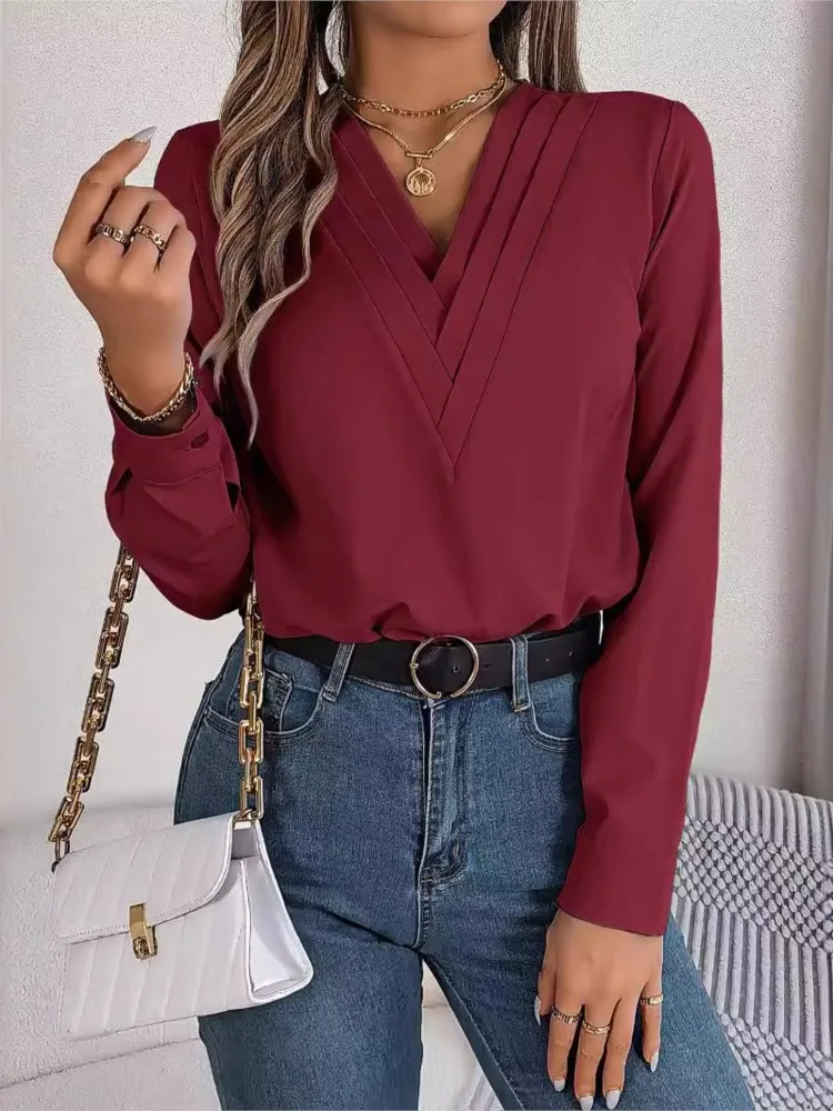 Tops y blusas informales para mujer, camisa elegante de manga larga con cuello en V apilado de Color sólido para mujer, camisas blancas de otoño e invierno