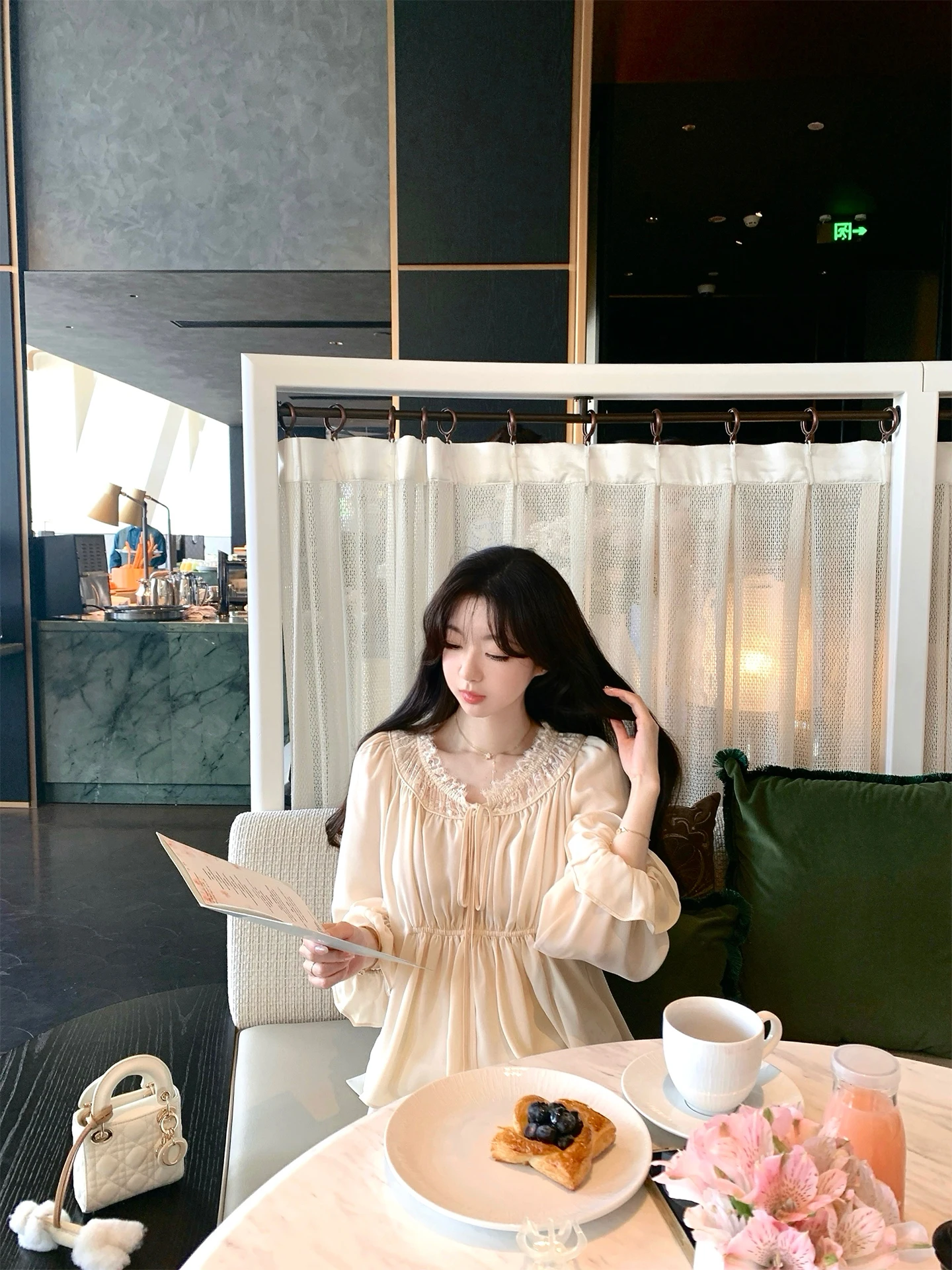 

Romantic Na La Rose Lace Blouse Women's Gentle Sle with Belt Autumn New Arrival Breathable Long Sve Pure Color irt