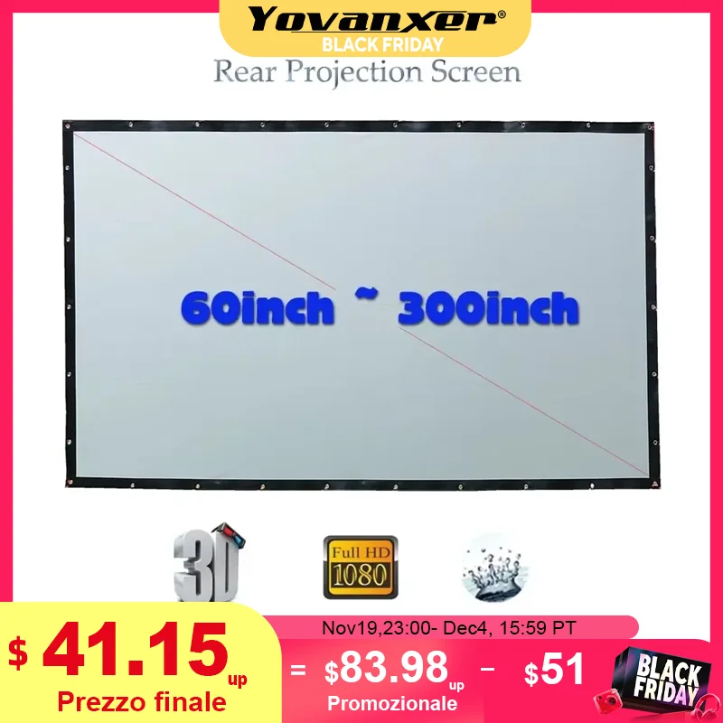 Yovanxer-HD tela de projeção traseira, PVC macio para qualquer projetor, Home Theater, cortina ao ar livre, tamanhos completos, 16:9, 4:3 opcional