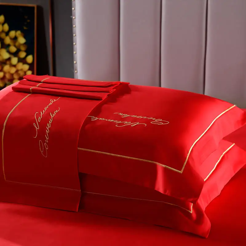 

High-End Color Red Cotton Pillowcases Pair Long Staple Cotton Wedding Celebration Single Pillow Core Cover