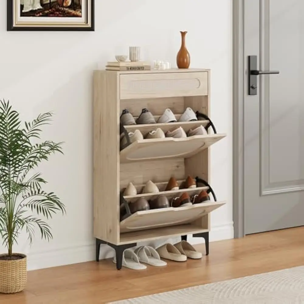 

Rattan Shoe Storage with 2Flip Drawer&1Pull-Out Drawer, Heavy Duty Metal Leg, Adjustment Shelf, Entryway Shoe Organizers&Sotrage