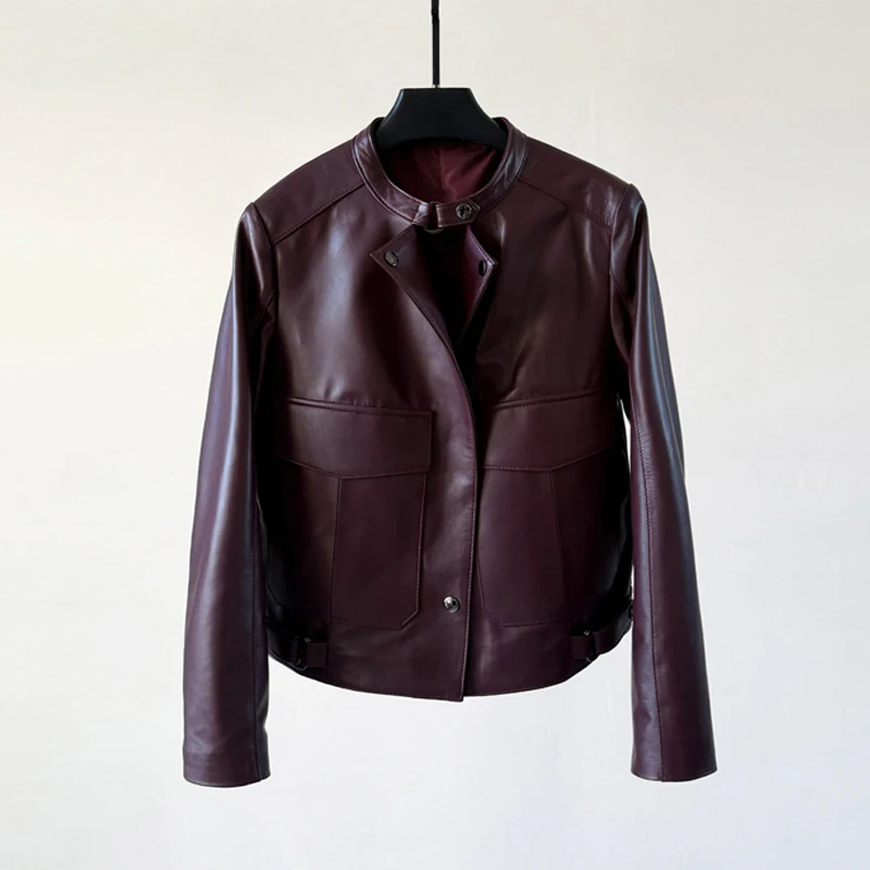 100% cuir véritable femmes vestes courtes décontractées mode vin rouge poches Cargo femme col montant en peau de mouton Moto vestes manteaux