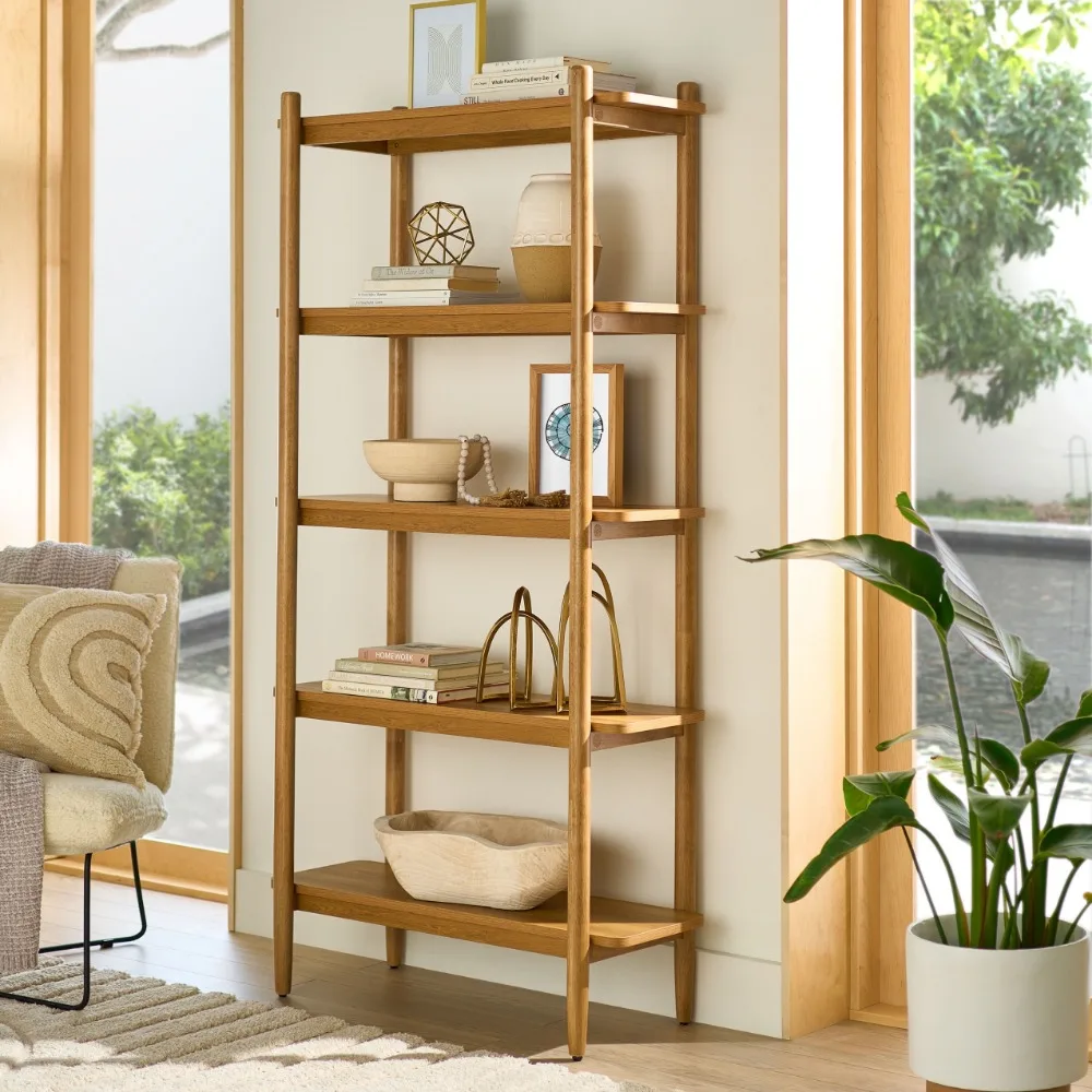 2024 New 5 Shelf Bookcase with Solid Wood Frame, Light Honey Finish