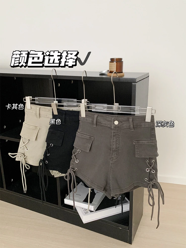 Women's Grey Denim Shorts Fashion Streetwear High Waist Lace-up Mini Cowboy Shorts Jeans 2000s Y2k Harajuku 2000s Clothes Summer