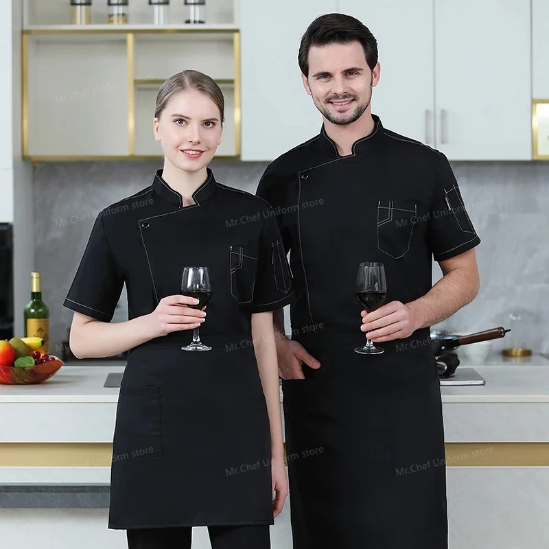 Manteau de Chef blanc pour hommes, veste de chef à manches courtes, tablier d'été, uniforme de Chef de tête, Restaurant hôtel, vêtements de cuisine pour femmes, logo