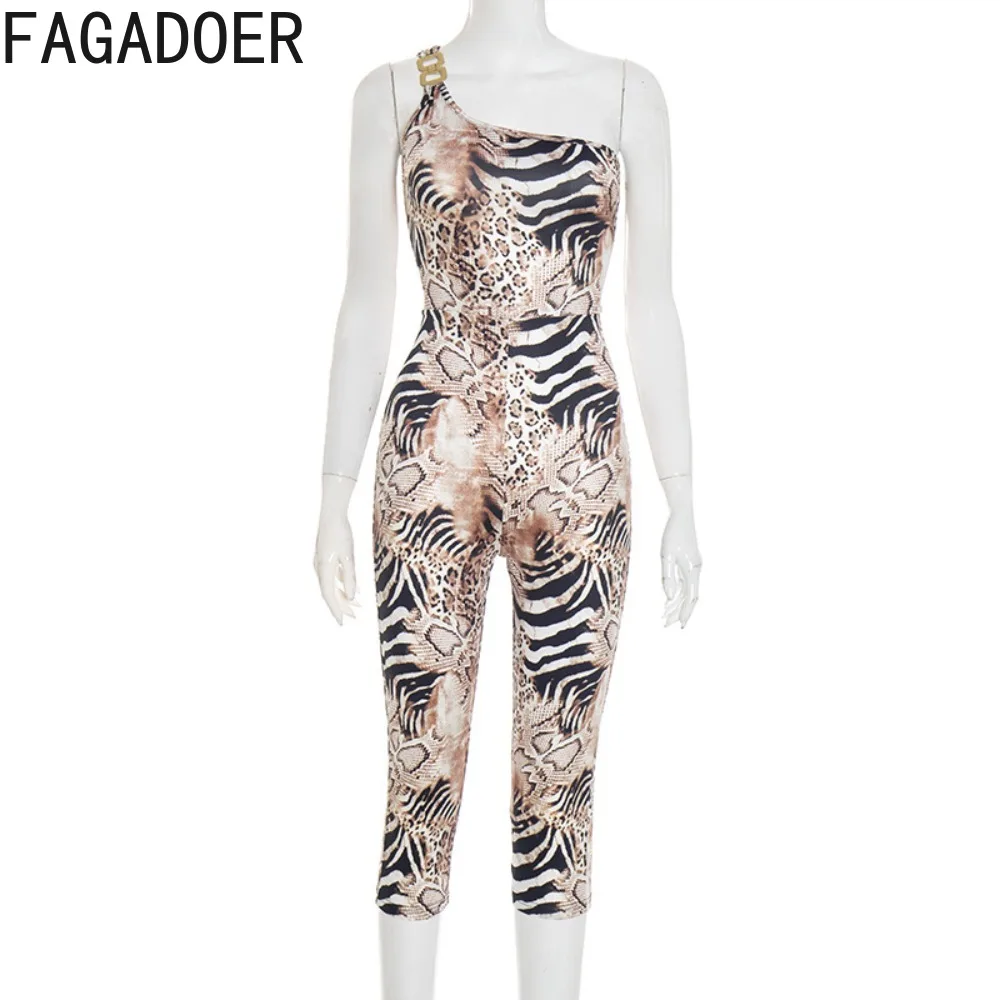 FAGADOER Sexy Leopard Print Bodycon Jumpsuit Women Inclined Shoulder Sleeveless Backless Rompers Female Streetwear Overalls New