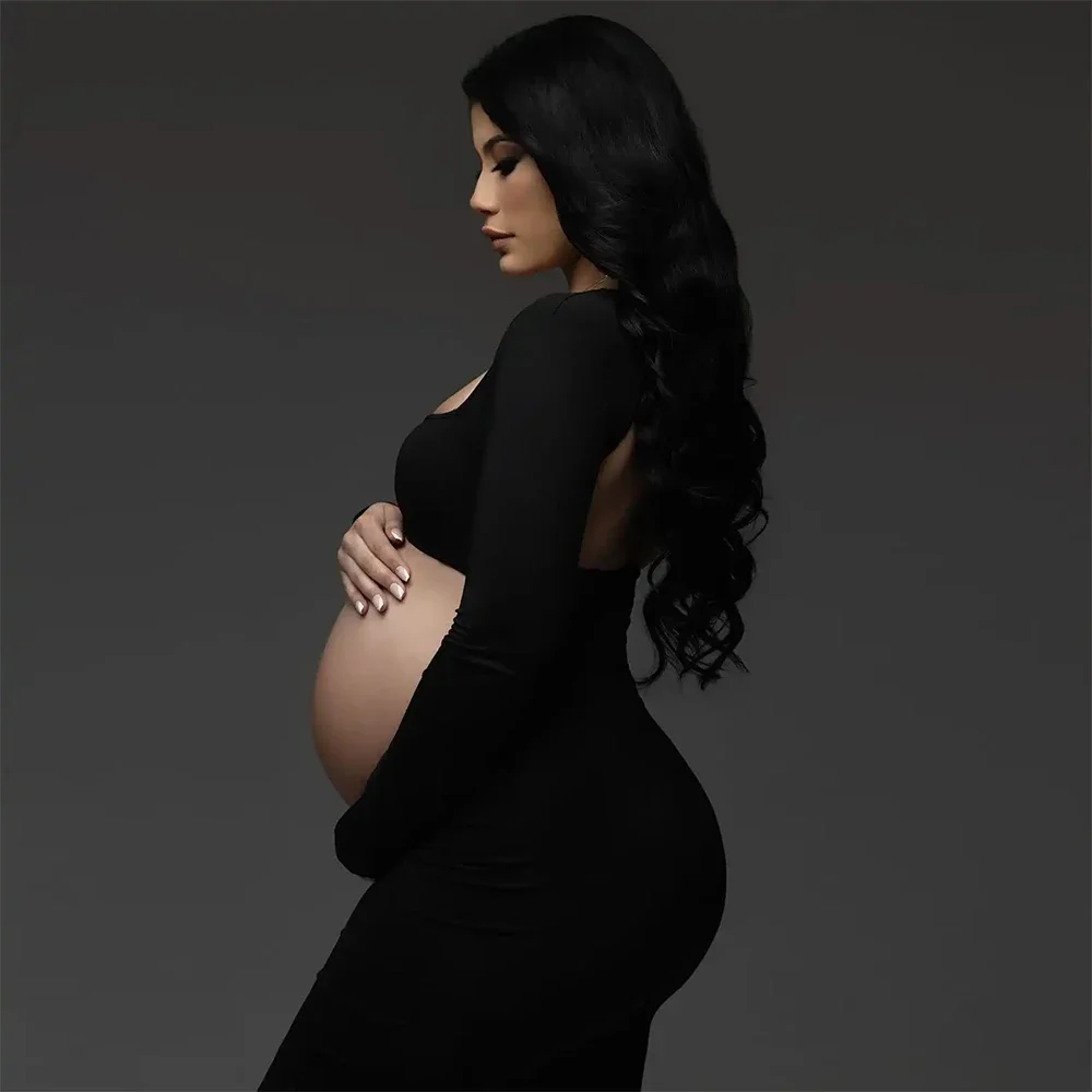 New Maternity Dresses For Photo Shoot Black Long Sleeve Backless Pregnancy Maxi Dress Wedding Party Photography Pregnant Clothes