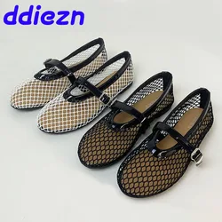 Ladies Ballet Flats Beach Holiday Mesh Women Lolita Flats Buckle Strap Casual Outside Fashion Female Mary Jane Shoes Big Size 43