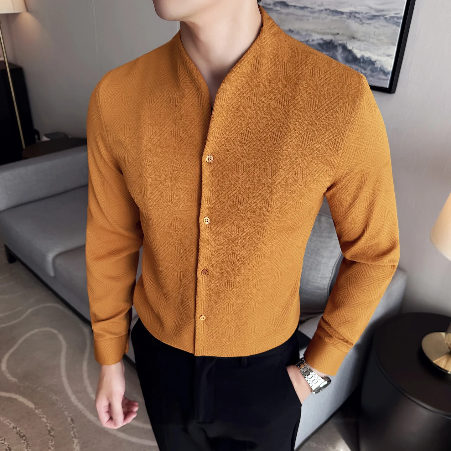 Autumn Men's Long Sleeved Shirt Korean Slim Fit V-neck Casual Shirts High Quality Slim Fit Business Social Office Uniform Shirt