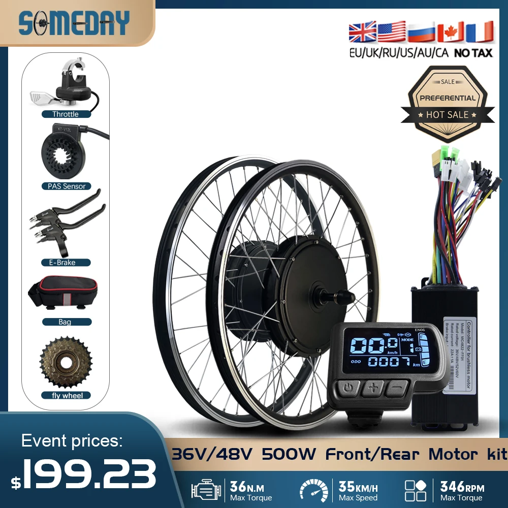 

Electric Bike Conversion Kit, Brushless Motor Wheel, Gearless Front and Rear Hub, 20-29Inch, 700C, 36V, 48V, 500W