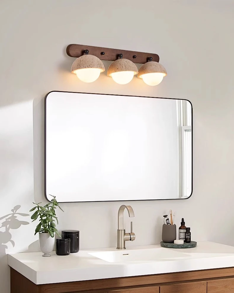 Dark Wood Base LED Wall Lamp Real Stone Vintage Sconce