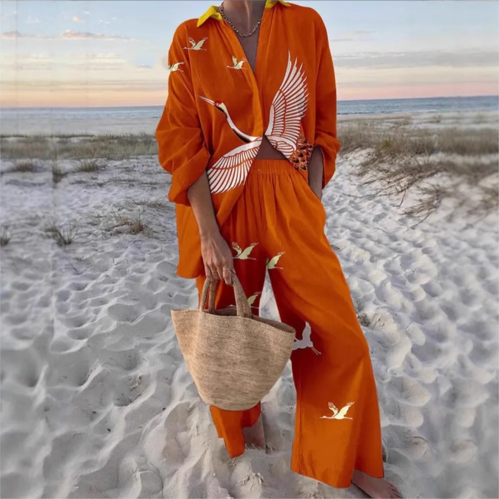 2-piece Set Fashion Printed Small Fish Long-sleeved Shirt Long Pants Women Spring Autumn Bohemian Vacation Female Long Pants Set