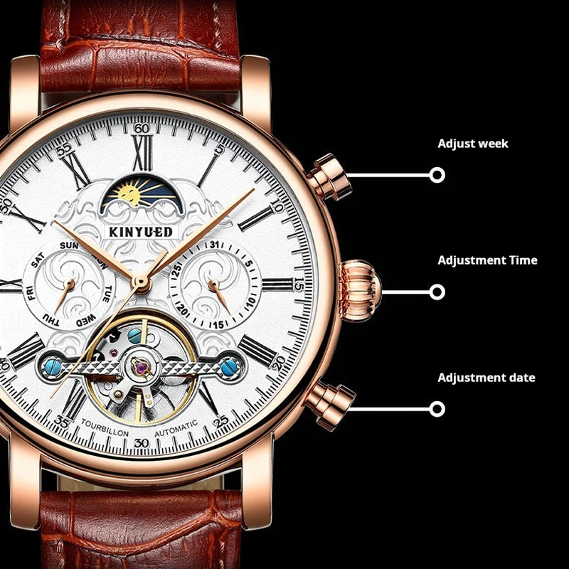 KINYUED marchio di lusso Tourbillon orologio da uomo cinturino in pelle moda business orologi meccanici automatici per uomo orologio impermeabile