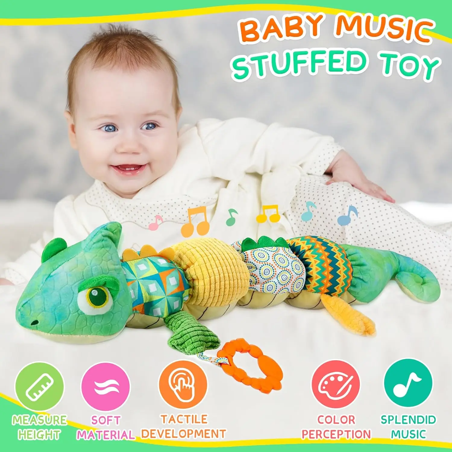 Baby Musical Stuffed Animal lizard Activity Soft Toys Multi-Sensory Crinkle Rattle and Textures Cute lizard Toys