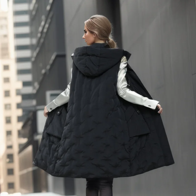 Women Parkas Sleeveless Solid Vests Loose Zippers Long Coats Hooded Pockets Outerwear Elegant Casual Waistcoat Winter 2024