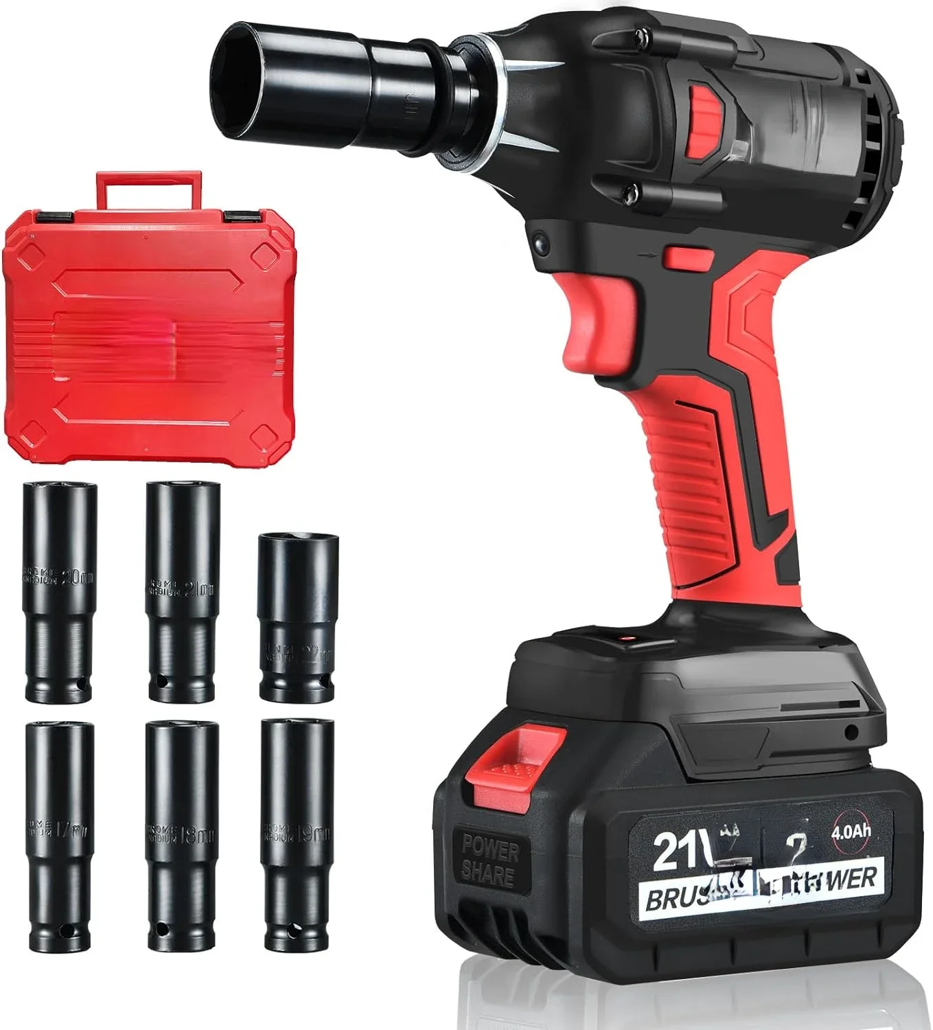 

Powerful 21V Cordless Wrench with 400N.m Max Torque and 3000rpm Speed - Includes 4.0Ah Li-Battery, 6Pcs Driver Sockets, Fast Cha