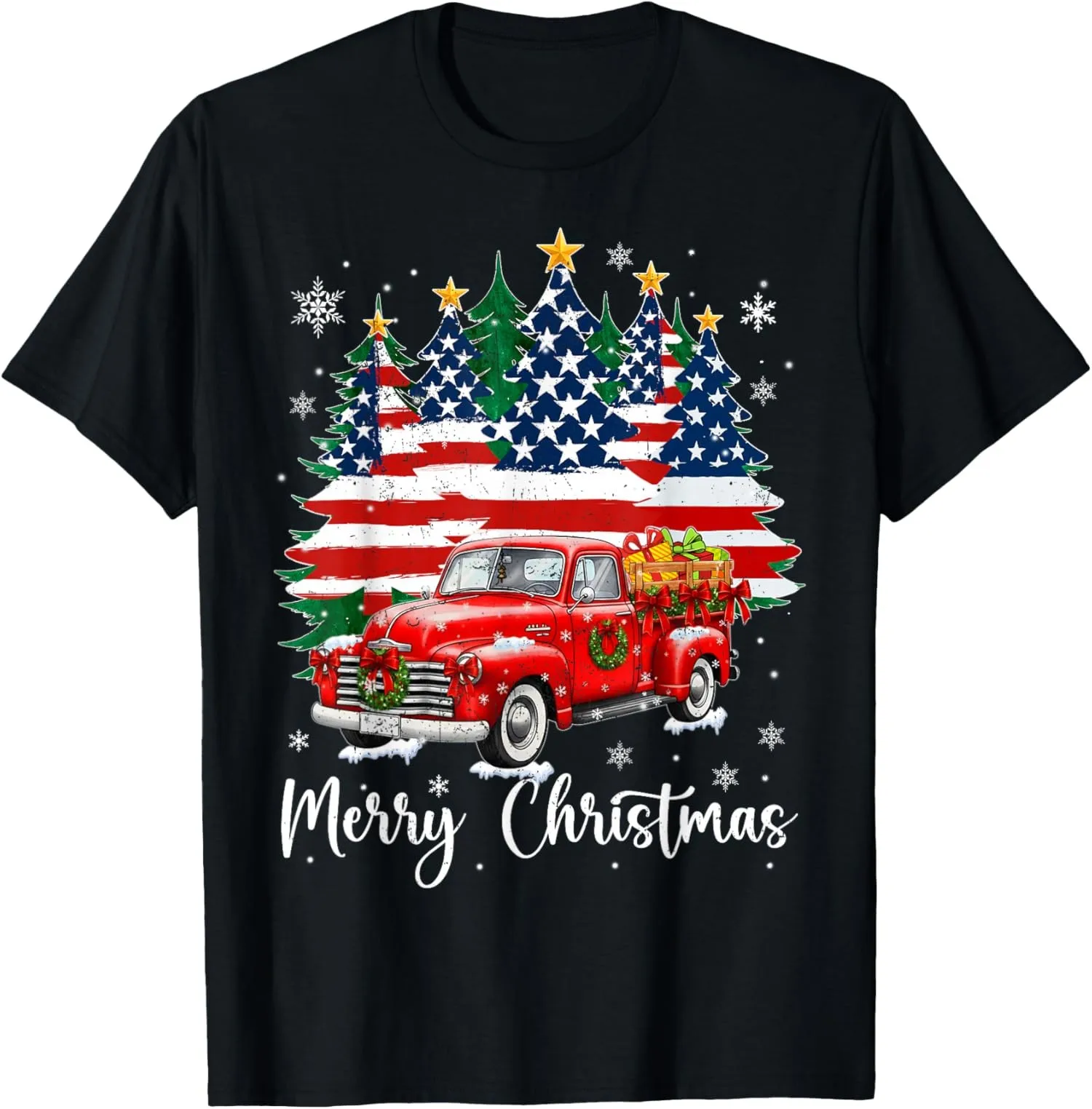 

Винтажная футболка с изображением красного грузовика и дерева с флагом США