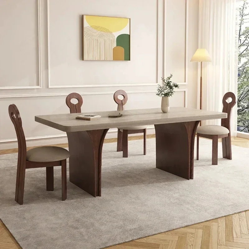 

Travertine rock slab chair ash wood light French solid wood small apartment oval dining table